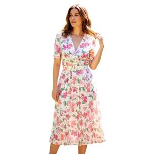 Vintage Paquette Too Floral Midi Dress Pink Green Belted Wide Collar Size 12 NEW